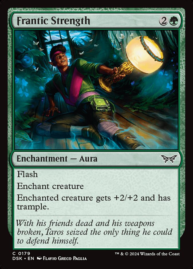 This Is An Image Of The Magic The Gathering Card Frantic Strength From The Set Duskmourn: House of Horror - Designed By Artist Flavio Greco Paglia