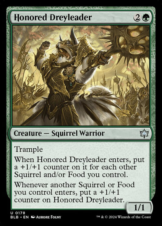 This Is An Image Of The Magic The Gathering Card Honored Dreyleader From The Set Bloomburrow - Designed By Artist Aurore Folny