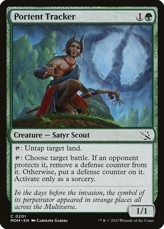 This Is An Image Of The Magic The Gathering Card Portent Tracker From The Set March of the Machine - Designed By Artist Caroline Gariba