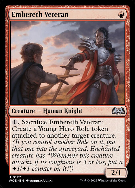 This Is An Image Of The Magic The Gathering Card Embereth Veteran From The Set Wilds of Eldraine - Designed By Artist Andreia Ugrai