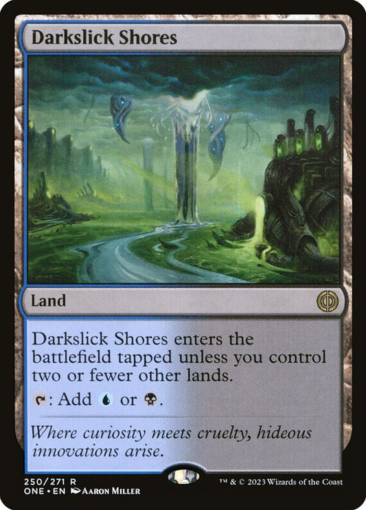 This Is An Image Of The Magic The Gathering Card Darkslick Shores From The Set Outlaws of Thunder Junction Commander - Designed By Artist Aaron Miller