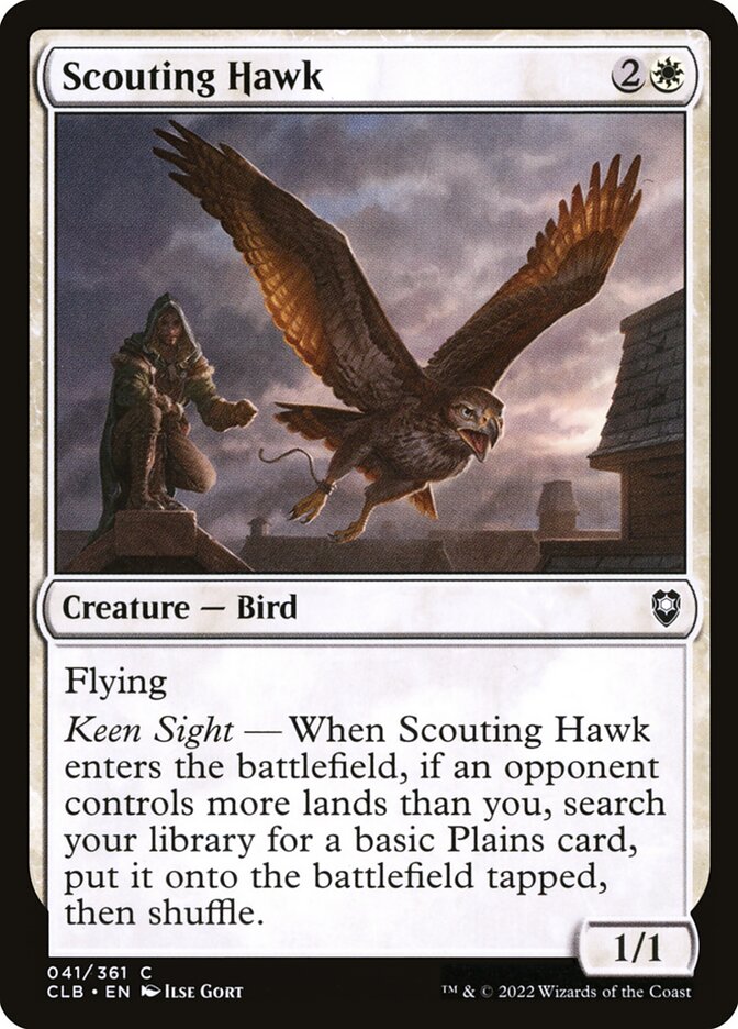 This Is An Image Of The Magic The Gathering Card Scouting Hawk From The Set Commander Legends: Battle for Baldur's Gate - Designed By Artist Ilse Gort