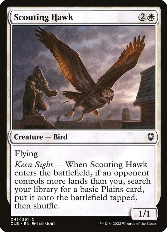 This Is An Image Of The Magic The Gathering Card Scouting Hawk From The Set Commander Legends: Battle for Baldur's Gate - Designed By Artist Ilse Gort