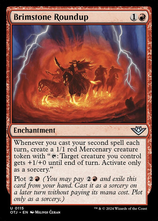 This Is An Image Of The Magic The Gathering Card Brimstone Roundup From The Set Outlaws of Thunder Junction - Designed By Artist Milivoj Ćeran