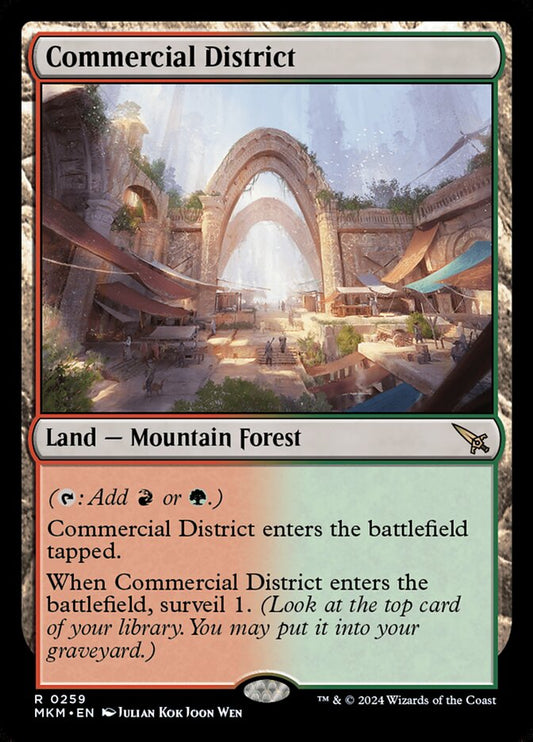 This Is An Image Of The Magic The Gathering Card Commercial District From The Set Murders at Karlov Manor - Designed By Artist Julian Kok Joon Wen