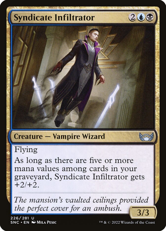 This Is An Image Of The Magic The Gathering Card Syndicate Infiltrator From The Set Streets of New Capenna - Designed By Artist Mila Pesic