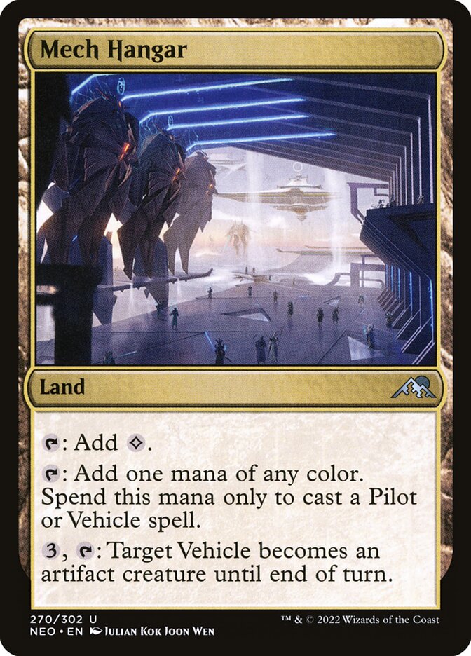 This Is An Image Of The Magic The Gathering Card Mech Hangar From The Set Kamigawa: Neon Dynasty - Designed By Artist Julian Kok Joon Wen