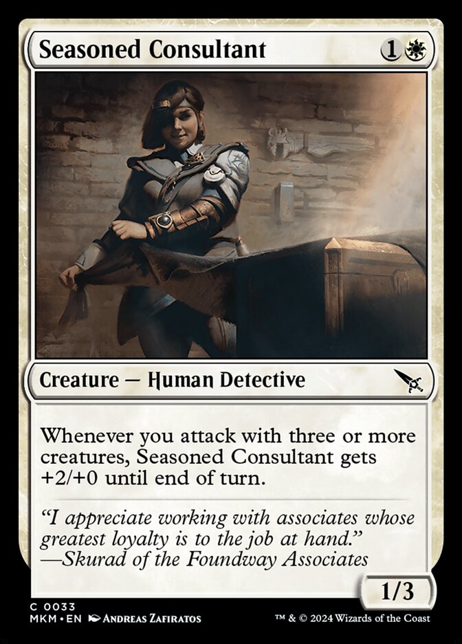 This Is An Image Of The Magic The Gathering Card Seasoned Consultant From The Set Murders at Karlov Manor - Designed By Artist Andreas Zafiratos