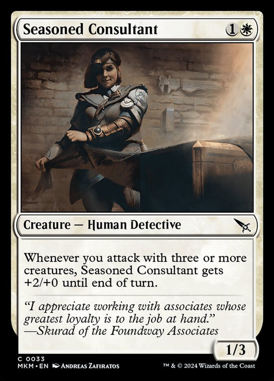 This Is An Image Of The Magic The Gathering Card Seasoned Consultant From The Set Murders at Karlov Manor - Designed By Artist Andreas Zafiratos
