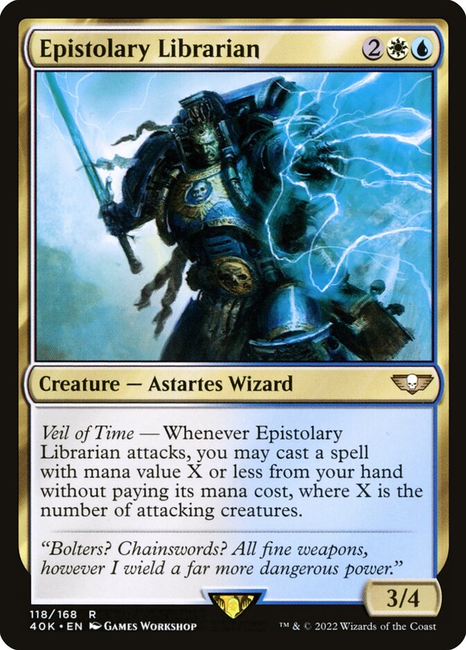 This Is An Image Of The Magic The Gathering Card Epistolary Librarian From The Set Warhammer 40,000 Commander - Designed By Artist Games Workshop