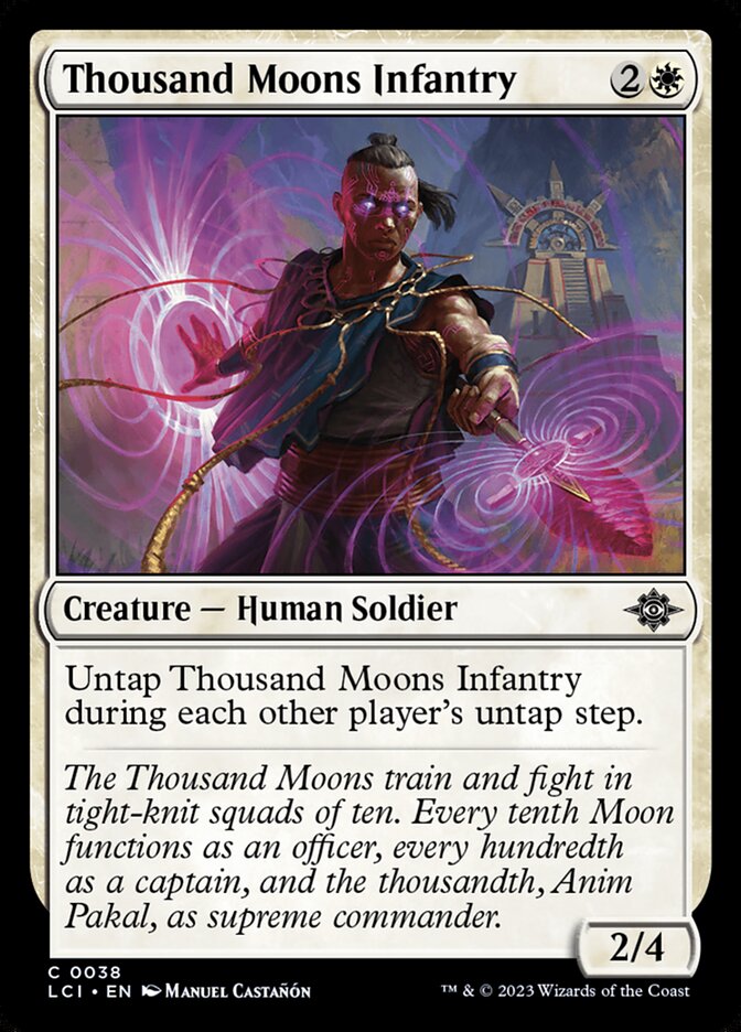 This Is An Image Of The Magic The Gathering Card Thousand Moons Infantry From The Set The Lost Caverns of Ixalan - Designed By Artist Manuel Castañón
