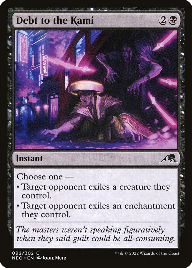 This Is An Image Of The Magic The Gathering Card Debt to the Kami From The Set Kamigawa: Neon Dynasty - Designed By Artist Jodie Muir