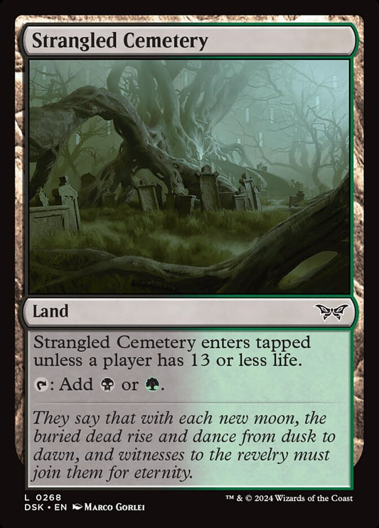 This Is An Image Of The Magic The Gathering Card Strangled Cemetery From The Set Duskmourn: House of Horror - Designed By Artist Marco Gorlei