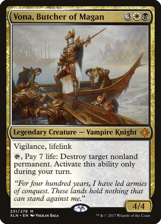 This Is An Image Of The Magic The Gathering Card Vona, Butcher of Magan From The Set The Lost Caverns of Ixalan Commander - Designed By Artist Volkan Baǵa