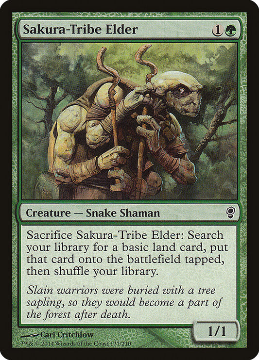 This Is An Image Of The Magic The Gathering Card Sakura-Tribe Elder From The Set Tarkir: Dragonstorm Commander - Designed By Artist Ted Galaday