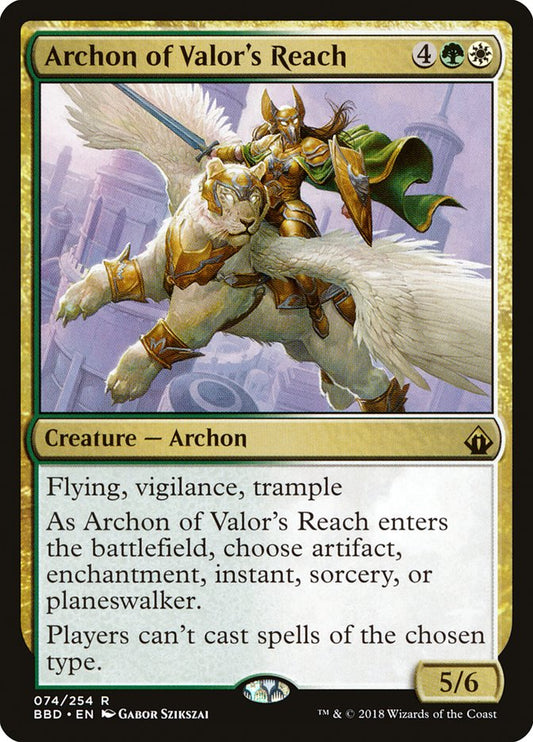This Is An Image Of The Magic The Gathering Card Archon of Valor's Reach From The Set Commander 2020 - Designed By Artist Gabor Szikszai
