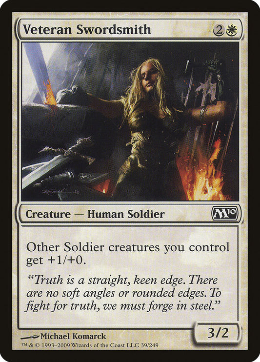 This Is An Image Of The Magic The Gathering Card Veteran Swordsmith From The Set Duel Decks: Elspeth vs. Kiora - Designed By Artist Michael Komarck