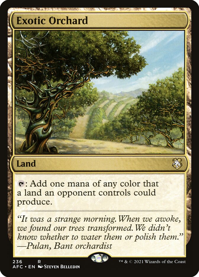This Is An Image Of The Magic The Gathering Card Exotic Orchard From The Set Tarkir: Dragonstorm Commander - Designed By Artist Steven Belledin