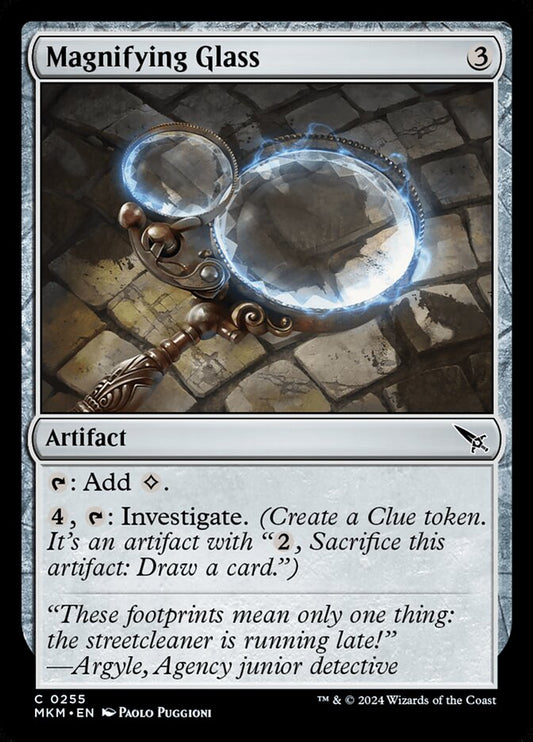 This Is An Image Of The Magic The Gathering Card Magnifying Glass From The Set Murders at Karlov Manor - Designed By Artist Paolo Puggioni