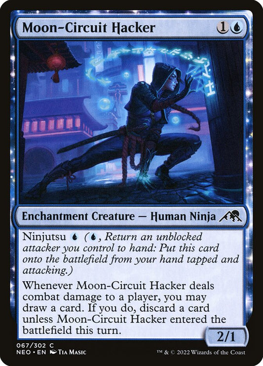 This Is An Image Of The Magic The Gathering Card Moon-Circuit Hacker From The Set Kamigawa: Neon Dynasty - Designed By Artist Tia Masic