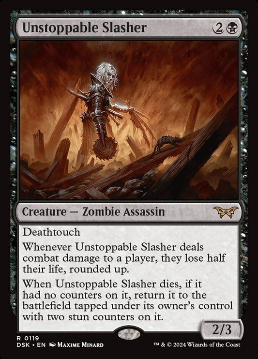 This Is An Image Of The Magic The Gathering Card Unstoppable Slasher From The Set Duskmourn: House of Horror - Designed By Artist Maxime Minard