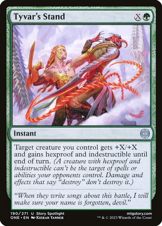 This Is An Image Of The Magic The Gathering Card Tyvar's Stand From The Set Phyrexia: All Will Be One - Designed By Artist Kieran Yanner