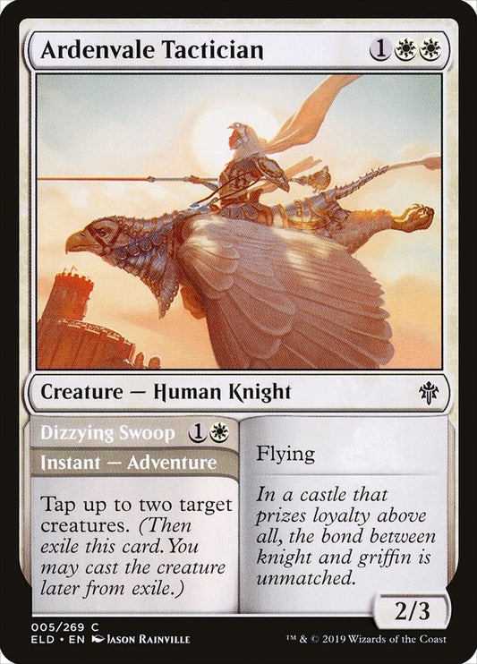 This Is An Image Of The Magic The Gathering Card Ardenvale Tactician // Dizzying Swoop From The Set Throne of Eldraine - Designed By Artist Jason Rainville