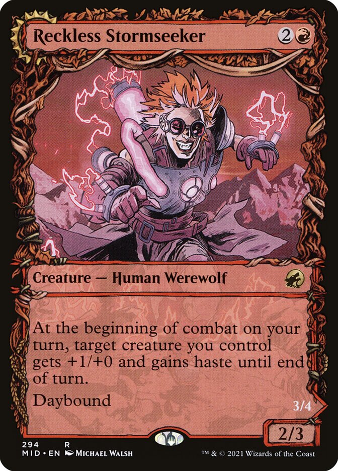 This Is An Image Of The Magic The Gathering Card Reckless Stormseeker // Storm-Charged Slasher From The Set Innistrad: Midnight Hunt - Designed By Artist Manuel Castañón