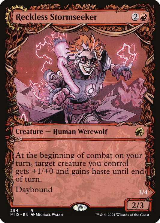 This Is An Image Of The Magic The Gathering Card Reckless Stormseeker // Storm-Charged Slasher From The Set Innistrad: Midnight Hunt - Designed By Artist Manuel Castañón