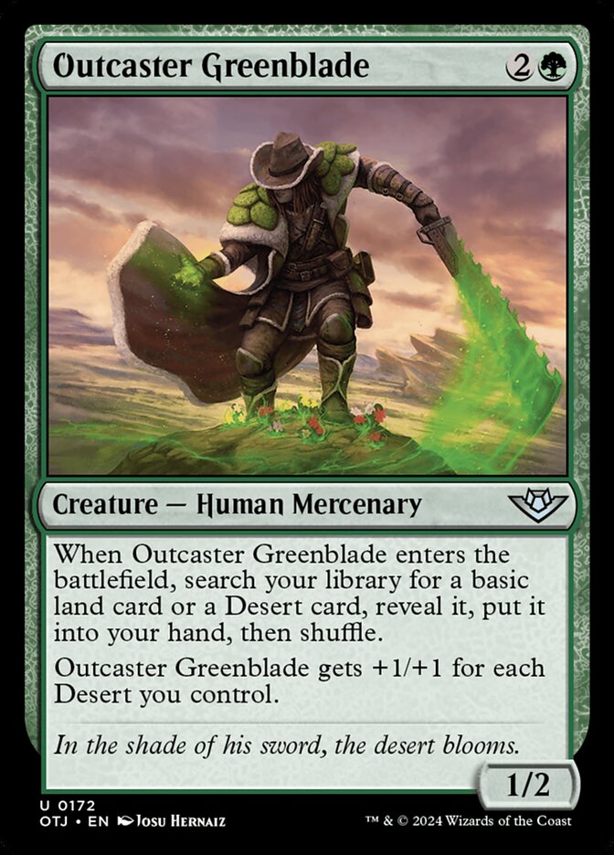 This Is An Image Of The Magic The Gathering Card Outcaster Greenblade From The Set Outlaws of Thunder Junction - Designed By Artist Josu Hernaiz