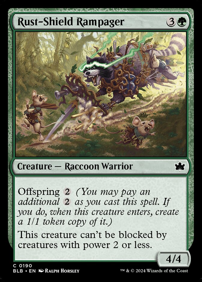This Is An Image Of The Magic The Gathering Card Rust-Shield Rampager From The Set Bloomburrow - Designed By Artist Ralph Horsley