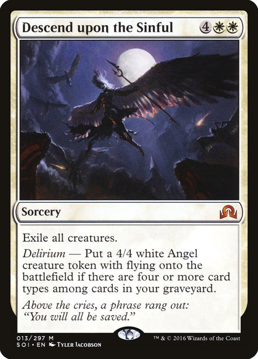 This Is An Image Of The Magic The Gathering Card Descend upon the Sinful From The Set Outlaws of Thunder Junction Commander - Designed By Artist Tyler Jacobson