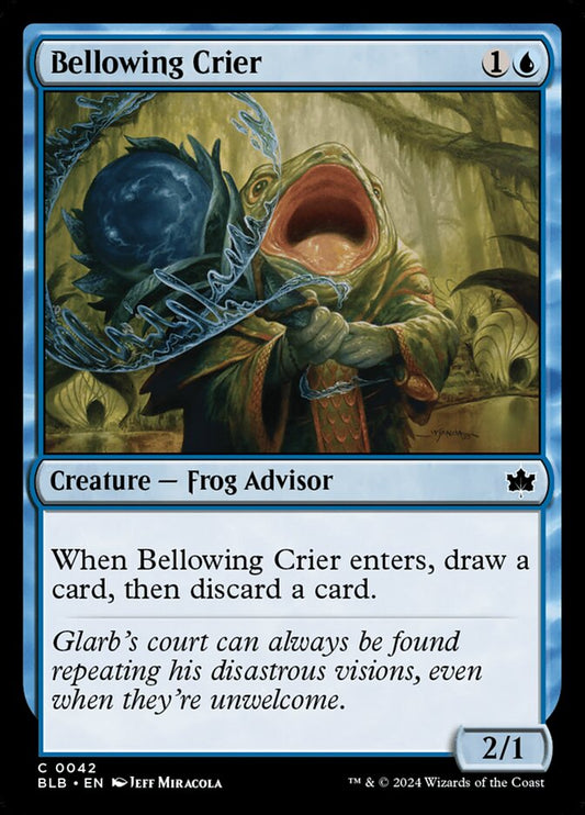 This Is An Image Of The Magic The Gathering Card Bellowing Crier From The Set Bloomburrow - Designed By Artist Jeff Miracola