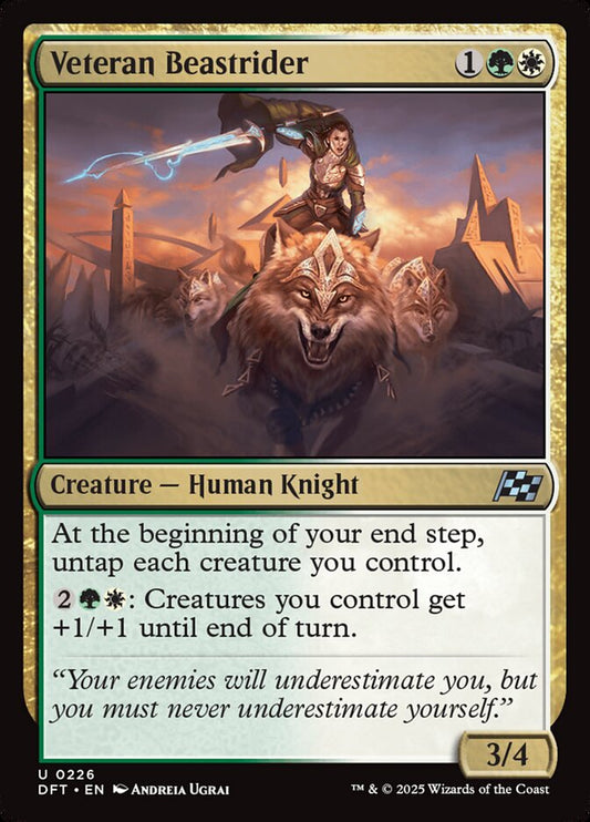 This Is An Image Of The Magic The Gathering Card Veteran Beastrider From The Set Aetherdrift - Designed By Artist Andreia Ugrai