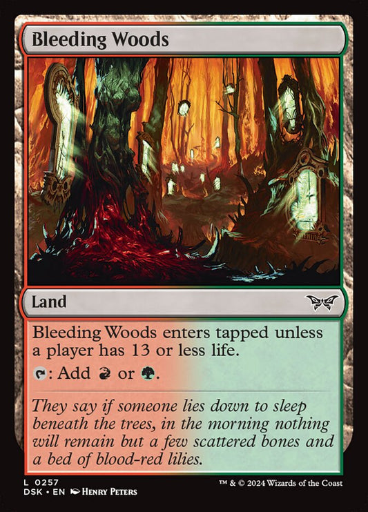This Is An Image Of The Magic The Gathering Card Bleeding Woods From The Set Duskmourn: House of Horror - Designed By Artist Henry Peters