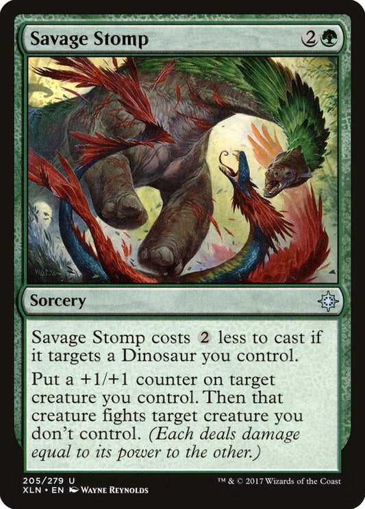 This Is An Image Of The Magic The Gathering Card Savage Stomp From The Set The Lost Caverns of Ixalan Commander - Designed By Artist Wayne Reynolds