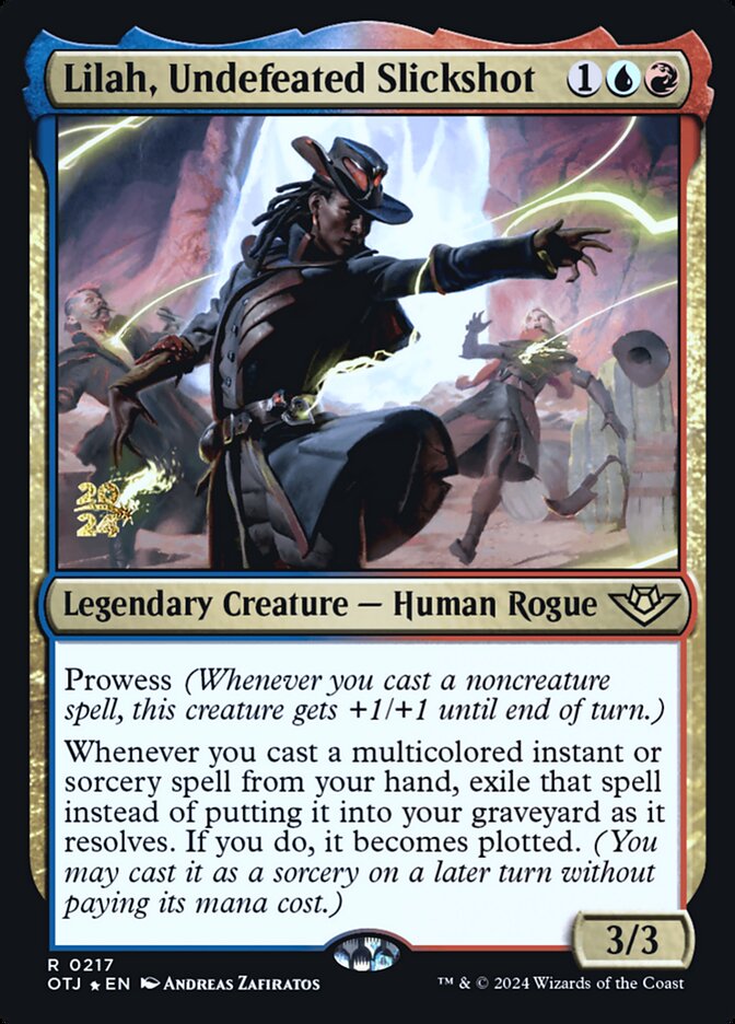 This Is An Image Of The Magic The Gathering Card Lilah, Undefeated Slickshot From The Set Outlaws of Thunder Junction - Designed By Artist Andreas Zafiratos
