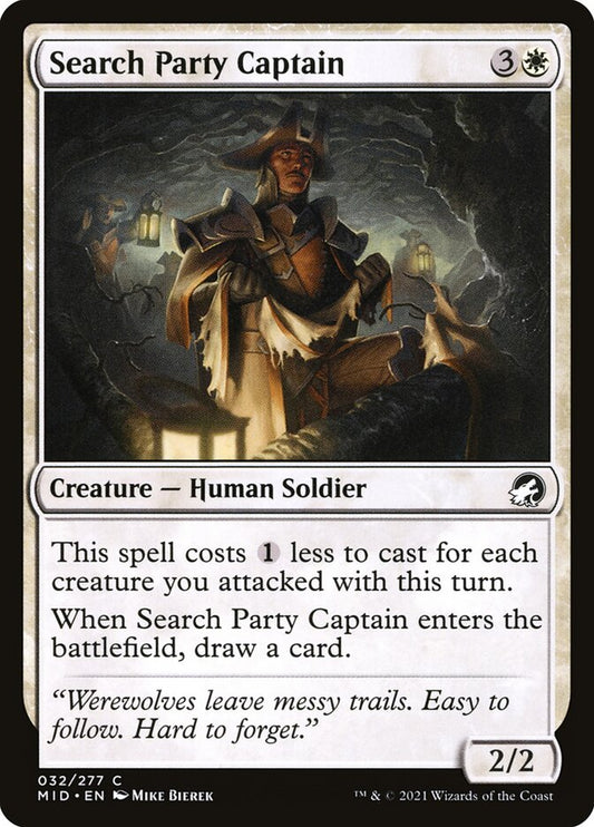 This Is An Image Of The Magic The Gathering Card Search Party Captain From The Set Innistrad: Midnight Hunt - Designed By Artist Mike Bierek