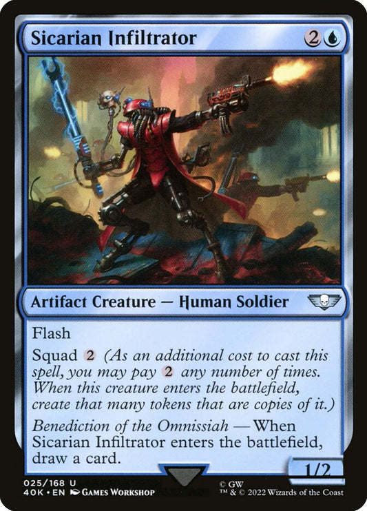 This Is An Image Of The Magic The Gathering Card Sicarian Infiltrator From The Set Warhammer 40,000 Commander - Designed By Artist Games Workshop