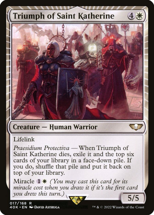 This Is An Image Of The Magic The Gathering Card Triumph of Saint Katherine From The Set Warhammer 40,000 Commander - Designed By Artist David Astruga