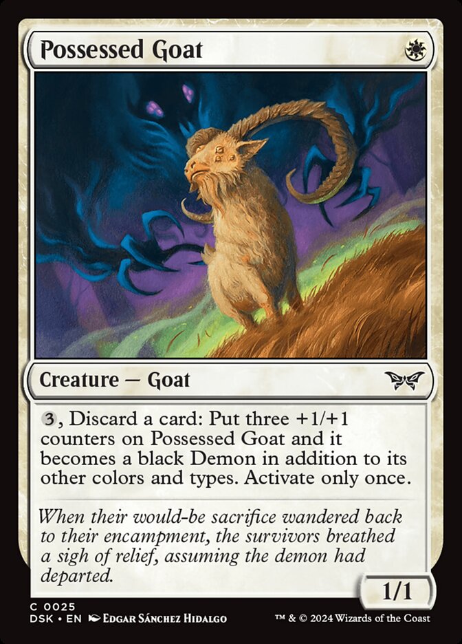 This Is An Image Of The Magic The Gathering Card Possessed Goat From The Set Duskmourn: House of Horror - Designed By Artist Edgar Sánchez Hidalgo