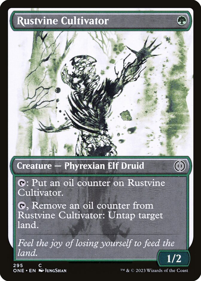 This Is An Image Of The Magic The Gathering Card Rustvine Cultivator From The Set Phyrexia: All Will Be One - Designed By Artist Lauren K. Cannon