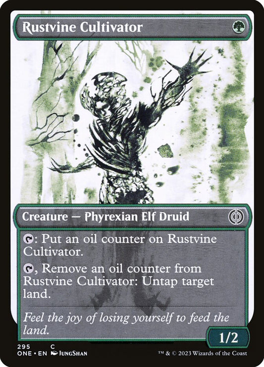 This Is An Image Of The Magic The Gathering Card Rustvine Cultivator From The Set Phyrexia: All Will Be One - Designed By Artist Lauren K. Cannon