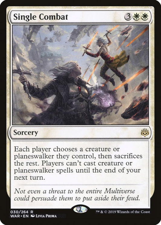 This Is An Image Of The Magic The Gathering Card Single Combat From The Set War of the Spark - Designed By Artist Livia Prima