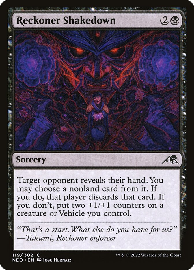 This Is An Image Of The Magic The Gathering Card Reckoner Shakedown From The Set Kamigawa: Neon Dynasty - Designed By Artist Josu Hernaiz