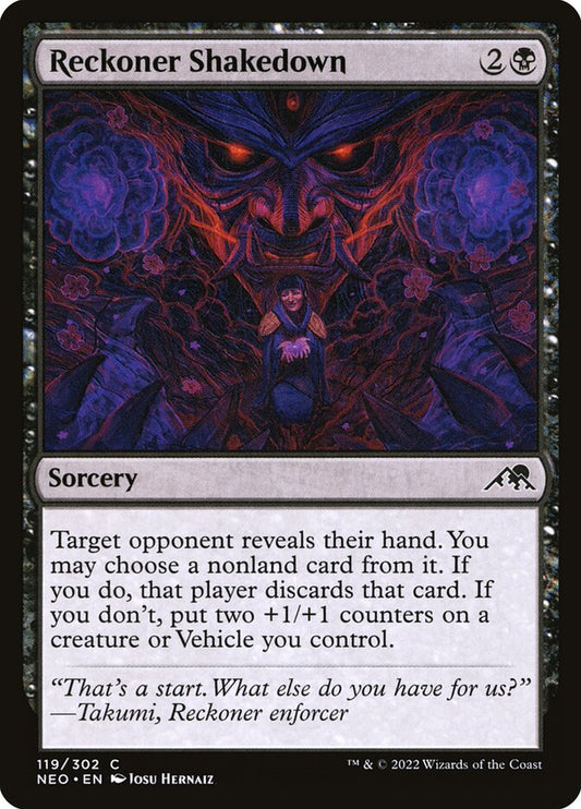This Is An Image Of The Magic The Gathering Card Reckoner Shakedown From The Set Kamigawa: Neon Dynasty - Designed By Artist Josu Hernaiz