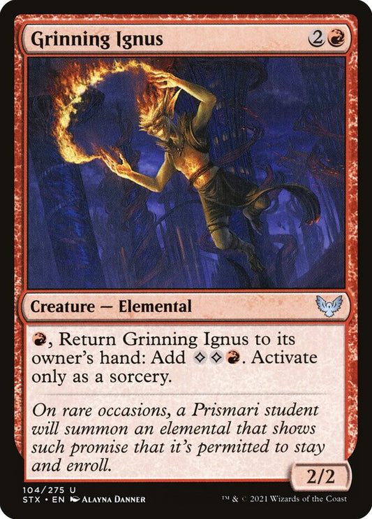 This Is An Image Of The Magic The Gathering Card Grinning Ignus From The Set Strixhaven: School of Mages - Designed By Artist Alayna Danner