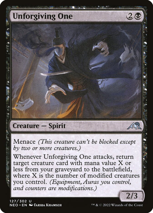 This Is An Image Of The Magic The Gathering Card Unforgiving One From The Set Kamigawa: Neon Dynasty - Designed By Artist Fariba Khamseh