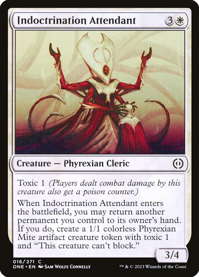 This Is An Image Of The Magic The Gathering Card Indoctrination Attendant From The Set Phyrexia: All Will Be One - Designed By Artist Sam Wolfe Connelly