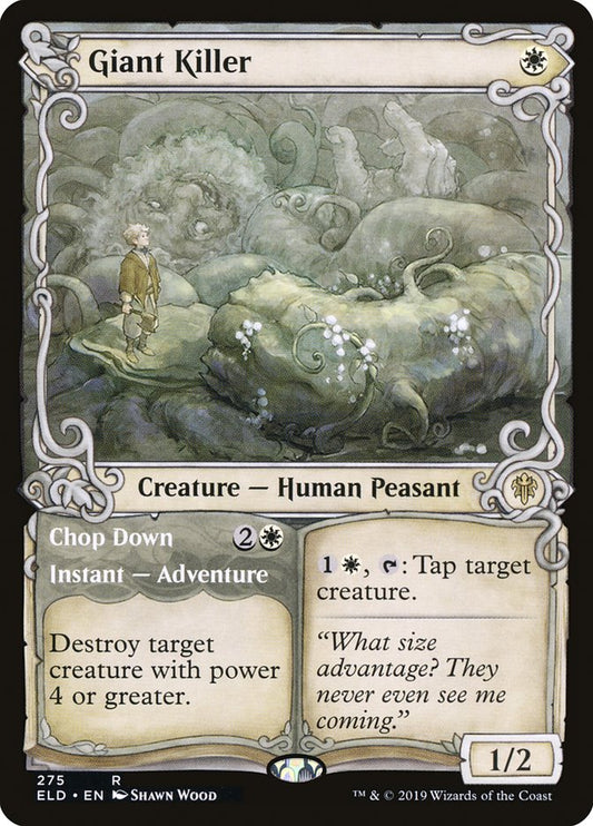 This Is An Image Of The Magic The Gathering Card Giant Killer // Chop Down From The Set Throne of Eldraine - Designed By Artist Jesper Ejsing
